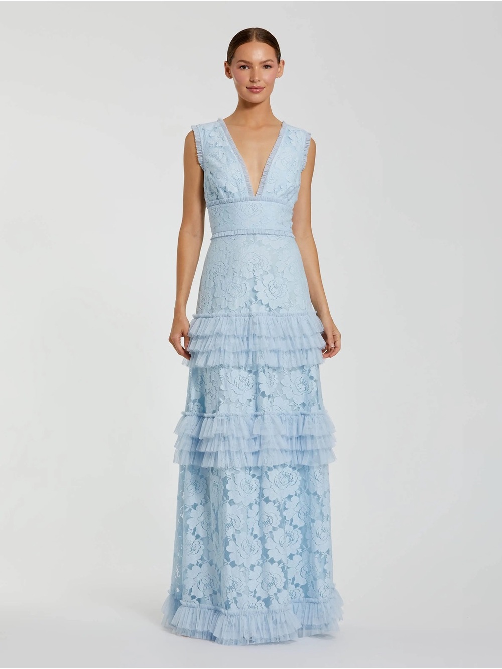 Mac Duggal Powder Blue Lace V-Neck Tiered Maxi Dress